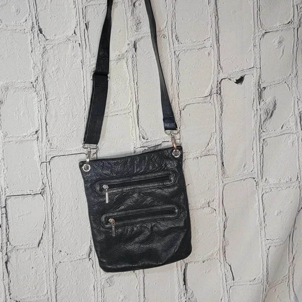 Margot Crossbody Double Zip Bag Black Slim Soft Leather Purse Removeable Straps